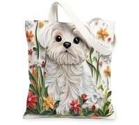 Bolsa de lona de papel con diseño de perro maltés para ir de compras, 13 x 15 pulgadas, divertido cachorro de flores silvestres, reutilizable, bolsa de estampado de comestibles para mujeres