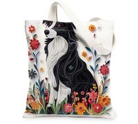 Bolsa de lona de papel para compras, 13 x 15 pulgadas, diseño de cachorro de flores silvestres, reutilizable, estampado de comestibles, para mujeres, mascotas, playa, pintura estética, decoración de