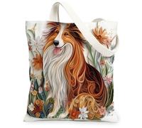 Bolsa de lona de papel Quilling Rough Collie Dog para ir de compras de 13 x 15 pulgadas, divertida bolsa de comestibles reutilizable para mujeres, decoración de regalo de pintura estética de playa