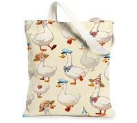 Bolsa de lona de pato para mujer, diseño de sombrero juguetón, pajarita de verano, color blanco, lavable, reutilizable, ideal para viajes al aire libre, trabajo, lectura, 13 x 15 pulgadas