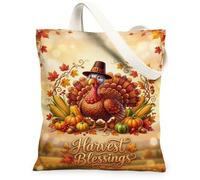 Bolsa de lona de pavo, diseño festivo de calabazas de otoño, hojas de Acción de Gracias, bolsas de comestibles, color marrón, 13 x 15 pulgadas, Marrón, 13x15 Inch