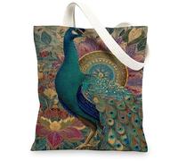 Bolsa de lona de pavo real, bolsas artísticas reutilizables para comestibles, bolsas de algodón ligeras con correa para el hombro, Azul, 13x15 Inch