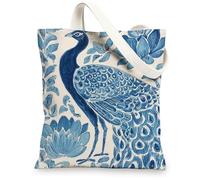 Bolsa de lona de pavo real, bolsas de compras reutilizables vintage, bolsos ligeros con correa para el hombro, 13 x 15 pulgadas