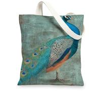 Bolsa de lona de pavo real, bolsas de compras reutilizables vintage, ecológicas, ligeras, color azul, Azul, 13x15 Inch