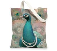 Bolsa de lona de pavo real, elegantes bolsas de compras reutilizables, ligera y elegante bolsa de hombro con correa, verde azulado, 13x15 Inch