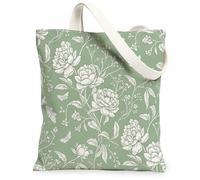 Bolsa de lona de peonía para mujer, diseño de mariposas botánicas de primavera, color verde, lavable, reutilizable, ideal para viajes, trabajo, compras, librería, 13 x 15 pulgadas