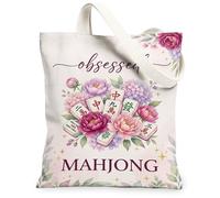 Bolsa de lona de peonía para mujer, diseño floral elegante de azulejos de Mahjong, ninguno melocotón, lavable, reutilizable, pequeña bolsa de mano ideas para, Melocotón, 13x15 Inch