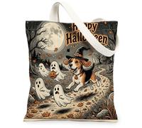 Bolsa de lona de perro Beagle de Halloween para ir de compras, 13 x 15 pulgadas, fantasmas divertidos para vacaciones, bolsa de comestibles reutilizable para mujeres, otoño, trabajo, viajes, pintura