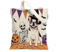 Bolsa de lona de perro bulldog francés de Halloween para ir de compras, 13 x 15 pulgadas, diseño de calavera aterradora, calabaza, reutilizable, estampado de comestibles, para mujeres, pintura
