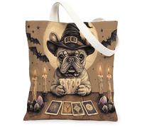 Bolsa de lona de perro bulldog francés de Halloween para ir de compras de 13 x 15 pulgadas, divertido murciélago de bruja aterrador, bolsa reutilizable con patrón de impresión para mujeres, tarot