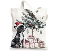 Bolsa de lona de perro bulldog francés de Navidad para ir de compras, 13 x 15 pulgadas, regalo de árbol de Navidad, bolsa de comestibles reutilizable para mujeres, trabajo, viajes, pintura, decoración