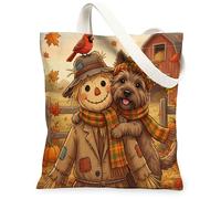 Bolsa de lona de perro Cairn Terrier de otoño para ir de compras de 13 x 15 pulgadas, diseño de espantapájaros reutilizable para mujer, divertido campo playa, pintura estética, decoración de regalo