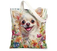 Bolsa de lona de perro chihuahua de primavera para ir de compras, 13 x 15 pulgadas, divertida acuarela, flores silvestres, cachorro, reutilizable, bolsa de comestibles para mujeres, pintura estética