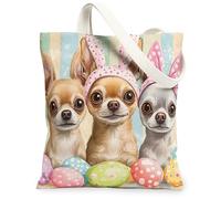 Bolsa de lona de perro chihuahua de primavera y Pascua para ir de compras, 13 x 15 pulgadas, lindos huevos divertidos cachorros, bolsa reutilizable con estampado de comestibles para mujeres, pintura