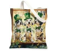 Bolsa de lona de perro dálmata del Día de San Patricio para ir de compras de 13 x 15 pulgadas, divertida ventana divertida cachorro, bolsa reutilizable con patrón de impresión de comestibles para