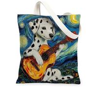 Bolsa de lona de perro dálmata para ir de compras, 13 x 15 pulgadas, diseño de guitarra nocturna de estrellas, reutilizable, bolsa de hombro para mujer, decoración de regalo para mascotas