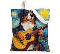 Bolsa de lona de perro de montaña bernesa para ir de compras, 13 x 15 pulgadas, diseño de guitarra nocturna de estrellas, bolsa de hombro reutilizable para mujeres, decoración de regalo para mascotas