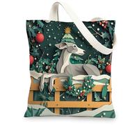 Bolsa de lona de perro galgo de Navidad para ir de compras de 13 x 15 pulgadas, bolsa de comestibles reutilizable para mujeres, mascotas, trabajo, viajes, pintura, decoración de regalo