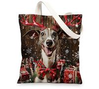 Bolsa de lona de perro galgo de Navidad para ir de compras de 13 x 15 pulgadas, diseño rústico de Navidad, cachorro, reutilizable, estampado de comestibles, para mujeres, feliz año nuevo, pintura