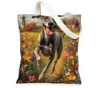 Bolsa de lona de perro galgo de primavera para ir de compras, 13 x 15 pulgadas, bolsa de comestibles reutilizable para mujer, divertida flor para mascotas, playa, pintura estética, decoración de