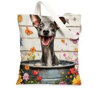 Bolsa de lona de perro galgo de primavera para ir de compras, 13 x 15 pulgadas, bonita bolsa de hombro de madera rústica reutilizable para mujer, pintura de mascotas, decoración de regalo