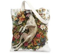 Bolsa de lona de perro galgo de primavera para ir de compras, 13 x 15 pulgadas, bonita bolsa de hombro reutilizable con flores florales para mujeres, decoración de regalo de pintura para mascotas