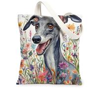 Bolsa de lona de perro galgo de primavera para ir de compras, 13 x 15 pulgadas, divertida acuarela de flores silvestres, cachorro, bolsa de comestibles reutilizable para mujeres, pintura estética de
