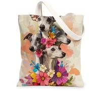 Bolsa de lona de perro galgo de primavera para ir de compras, 13 x 15 pulgadas, divertida y divertida bolsa de hombro reutilizable con flores para mujeres, decoración de regalo de pintura para