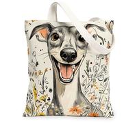Bolsa de lona de perro galgo de primavera para ir de compras de 13 x 15 pulgadas, bolsa de comestibles reutilizable con flores de dibujos animados para mujeres, trabajo de mascotas, viajes, pintura