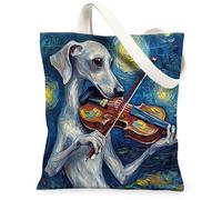 Bolsa de lona de perro galgo para ir de compras de 13 x 15 pulgadas, bolsa de hombro reutilizable con estrellas y violín nocturno para mujeres, decoración de regalo para mascotas