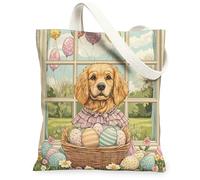 Bolsa de lona de perro Golden Retriever de primavera y Pascua para ir de compras de 13 x 15 pulgadas, bolsa reutilizable con estampado de cachorro Victoria Country para mujer, pintura estética de