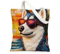 Bolsa de lona de perro husky de verano para ir de compras, 13 x 15 pulgadas, para tejer playa, cachorro costero, reutilizable, estampado de comestibles, para mujeres, decoración de regalo
