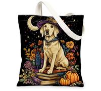 Bolsa de lona de perro labrador retriever de Halloween para ir de compras de 13 x 15 pulgadas, divertido libro de pociones de bruja, bolsa reutilizable con patrón de impresión para mujeres, pintura