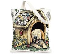 Bolsa de lona de perro labrador retriever de primavera para ir de compras, 13 x 15 pulgadas, divertida perrera de flores para cachorros, bolsa reutilizable con patrón de impresión para mujeres, bonita
