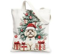 Bolsa de lona de perro maltés de Navidad para ir de compras, 13 x 15 pulgadas, regalo de árbol de Navidad, bolsa de comestibles reutilizable para mujeres, mascotas, trabajo, viajes, decoración de