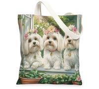 Bolsa de lona de perro maltés de primavera para ir de compras, 13 x 15 pulgadas, con ventana en maceta, cachorro, reutilizable, estampado de comestibles para mujeres, divertida pintura estética para