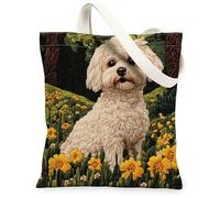 Bolsa de lona de perro maltés de primavera para ir de compras, 13 x 15 pulgadas, estilo tejer, jardín, cachorro, reutilizable, estampado de comestibles, para mujeres, divertida pintura estética para