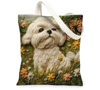 Bolsa de lona de perro maltés de primavera para ir de compras, 13 x 15 pulgadas, flores novedosas, bolsa de hombro reutilizable para mujeres, pintura de mascotas, decoración de regalo