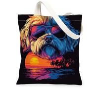 Bolsa de lona de perro maltés de verano para ir de compras de 13 x 15 pulgadas, bolsa de comestibles reutilizable para mujer, pintura estética retro para mascotas, decoración de regalo