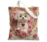 Bolsa de lona de perro maltés para ir de compras, 13 x 15 pulgadas, alivio del día de San Valentín, bolsa de comestibles reutilizable para mujeres, patrón de viaje para mascotas, decoración de regalo