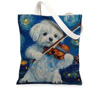 Bolsa de lona de perro maltés para ir de compras de 13 x 15 pulgadas, bolsa de hombro reutilizable con estrellas y violín nocturno para mujeres, decoración de regalo para mascotas
