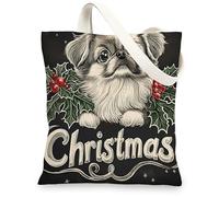 Bolsa de lona de perro pequinés de Navidad para ir de compras de 13 x 15 pulgadas, divertida bolsa de tela reutilizable de Navidad para mujeres, decoración de regalo de pintura de mascotas
