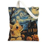 Bolsa de lona de perro pomerania de Halloween para ir de compras, 13 x 15 pulgadas, divertida calabaza de terror, bolsa de comestibles reutilizable para mujeres, casas encantadas, playa, pintura