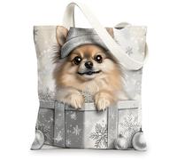 Bolsa de lona de perro Pomerania de Navidad para ir de compras, 13 x 15 pulgadas, regalos de Navidad de lujo, reutilizable, bolsa de tela de hombro para mujeres, decoración de regalo de pintura de