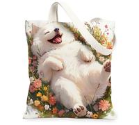 Bolsa de lona de perro samoyedo de primavera para ir de compras, 13 x 15 pulgadas, bonita bolsa de comestibles reutilizable con diseño de campo de flores florales para mujeres, mascotas, trabajo