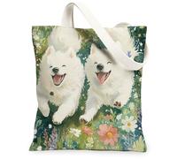 Bolsa de lona de perro samoyedo de primavera para ir de compras, 13 x 15 pulgadas, bonitas flores florales, reutilizable, bolsa de comestibles para mujeres, mascotas, trabajo, viajes, pintura