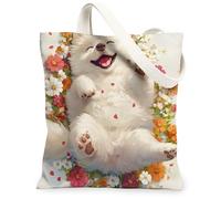 Bolsa de lona de perro samoyedo de primavera para ir de compras, 13 x 15 pulgadas, bonito campo de flores florales, reutilizable, bolsa de hombro para mujeres, decoración de regalo de pintura de