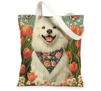 Bolsa de lona de perro samoyedo de primavera para ir de compras, 13 x 15 pulgadas, flores vintage, floral, reutilizable, bolsa de hombro para mujer, pintura de mascotas, decoración de regalo