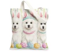 Bolsa de lona de perro samoyedo de primavera y Pascua para ir de compras, 13 x 15 pulgadas, lindos huevos divertidos cachorros, bolsa reutilizable con estampado de comestibles para mujeres, pintura