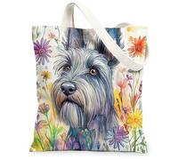 Bolsa de lona de perro terrier escocés de primavera para ir de compras de 13 x 15 pulgadas, divertida acuarela de flores silvestres, cachorro, bolsa de comestibles reutilizable para mujeres, pintura